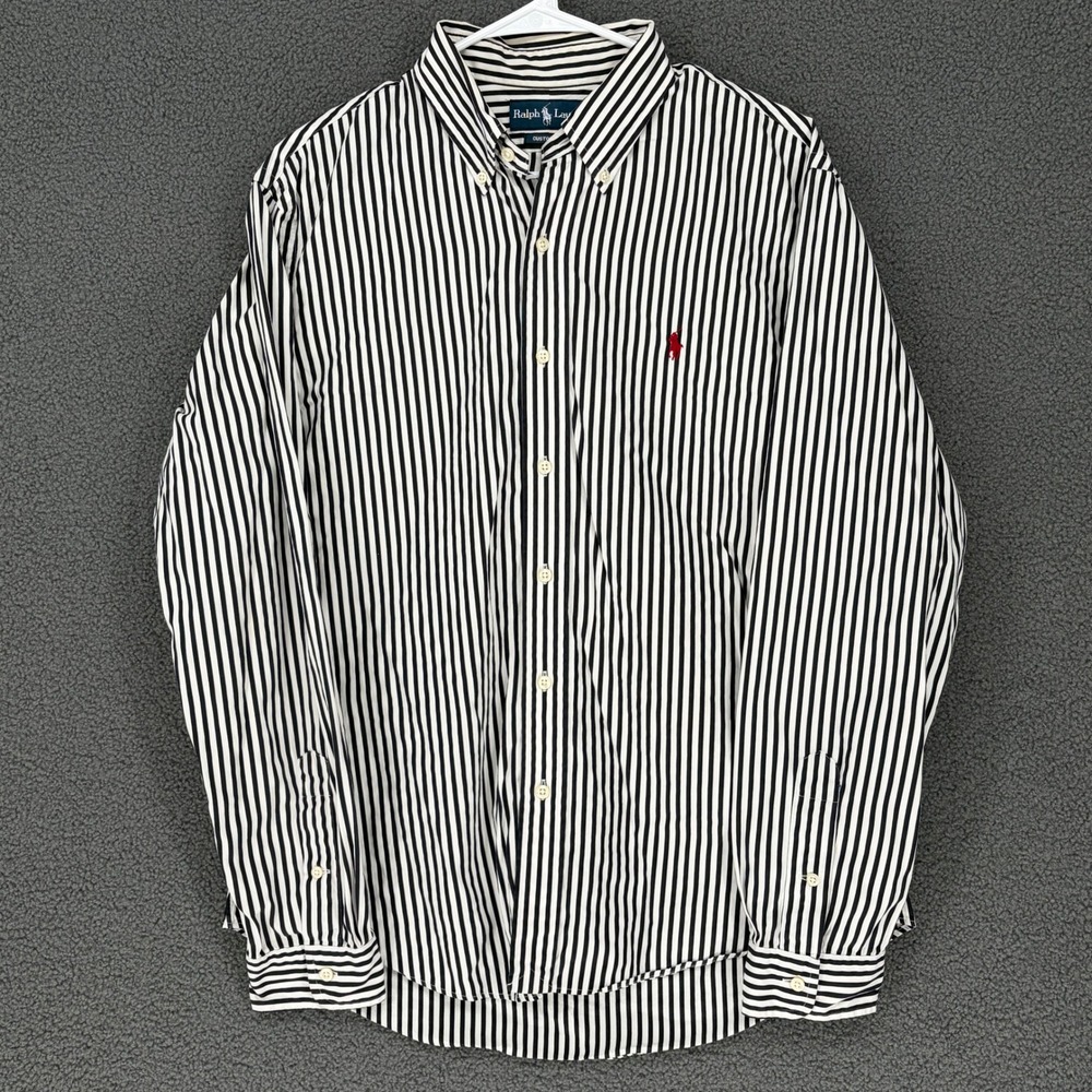 Ralph Lauren Custom Fit Shirt Mens Large Black White Striped Long Sleeve Cotton